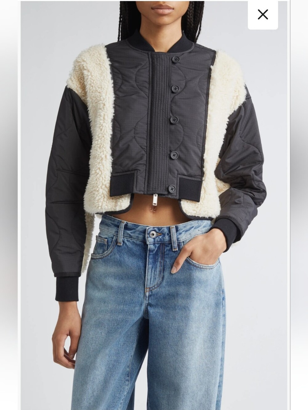 New No Tag..Cropped Shearling-Trim Bomber Jacket - Black & Cream